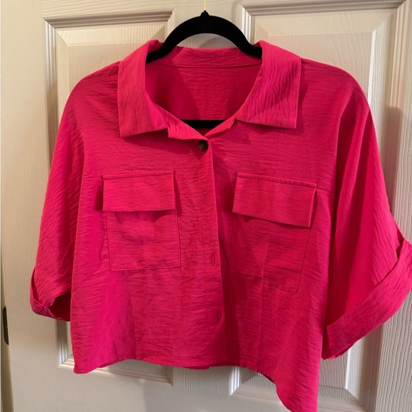 not sure Tops - Cropped Button-Front Women's Shirt in Hot Pink